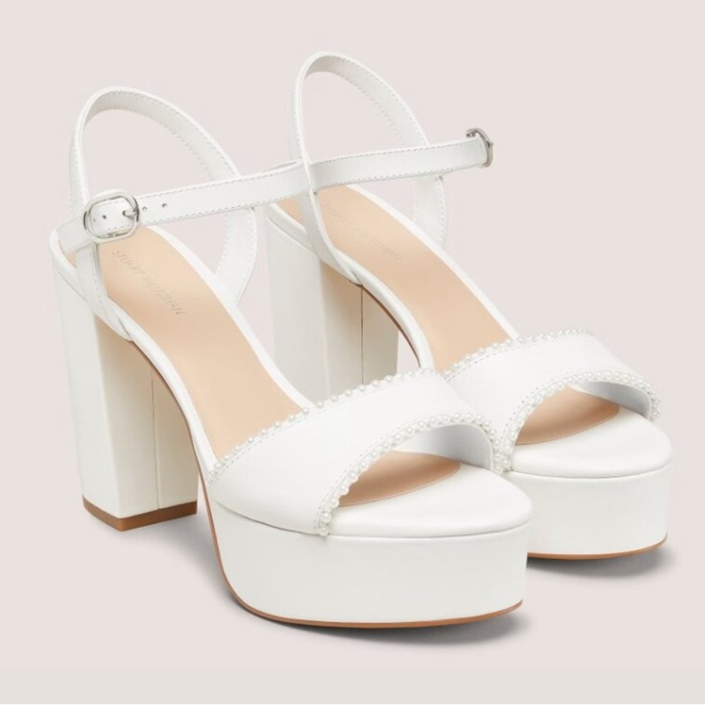 Stuart Weitzman Dancer Pearl White Leather Platform Sandal, Size 7.5 New in Box